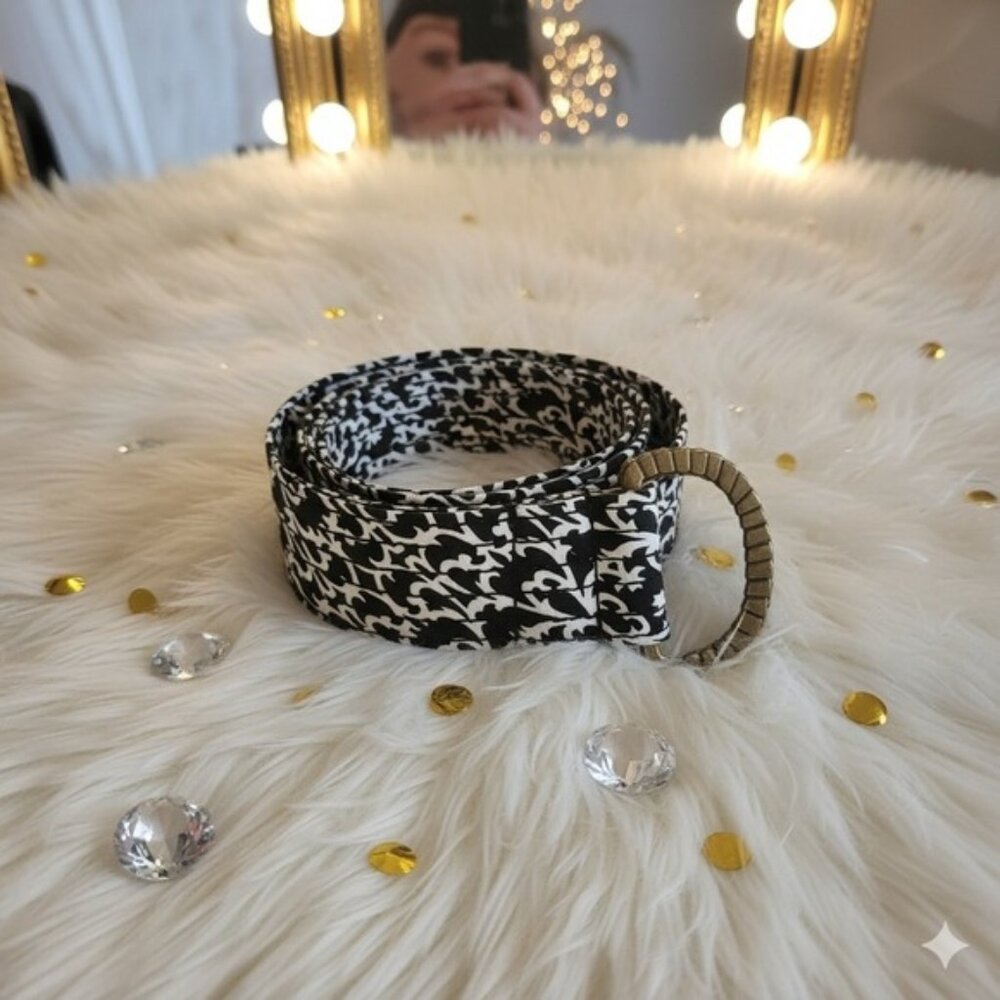 J Crew y2k 100% Silk Belt Black White Damask Print Gold‎ Tone D Ring Buckle